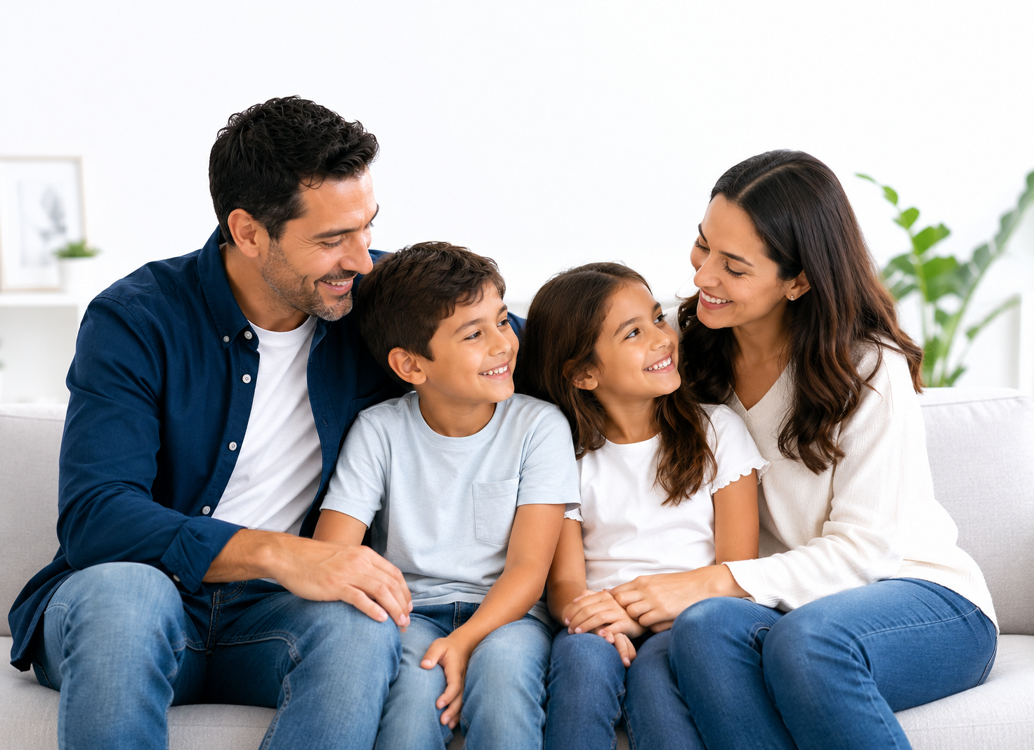 Familia reunida en un salón luminoso disfrutando un momento de tranquilidad, representando la protección de un seguro familiar